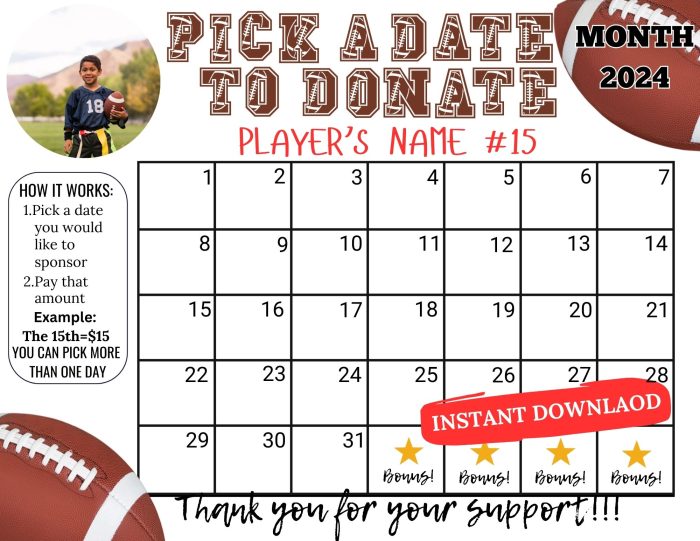 football pick a date to donate calendar Fundraiser, pay the date