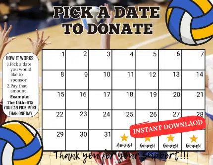 Volleyball pick a date to donate calendar Fundraiser, pay a date