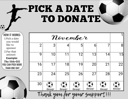 soccer November Pick a Date to Donate Calendar Fundraiser