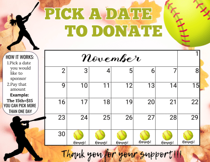 softball November Pick a Date to Donate Calendar Fundraiser
