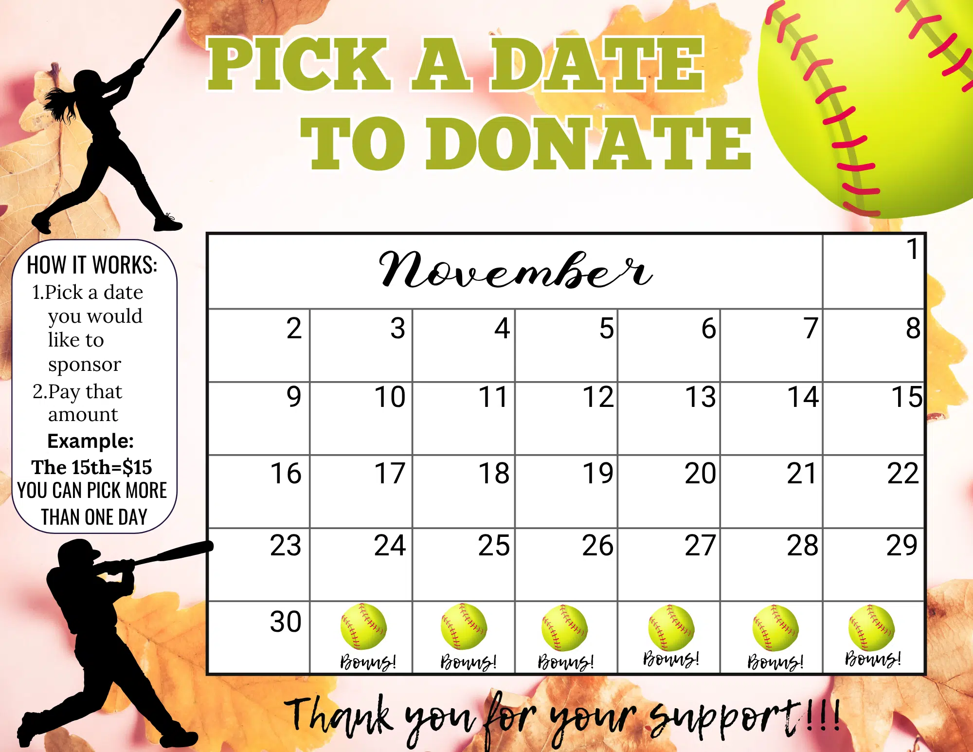 softball November Pick a Date to Donate Calendar Fundraiser