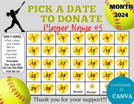 Editable Softball Fundraiser Calendar, Save The Date Softball Calendar Fundraiser, Pick a Date to Donate, Fundraiser Calendar, Pay the Date