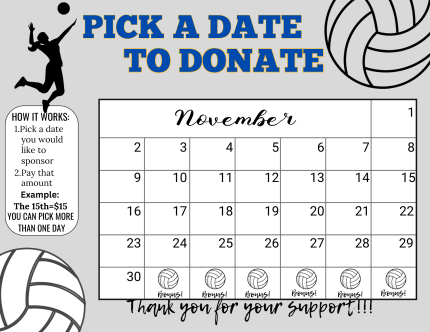 volleyball November Pick a Date to Donate Calendar Fundraiser