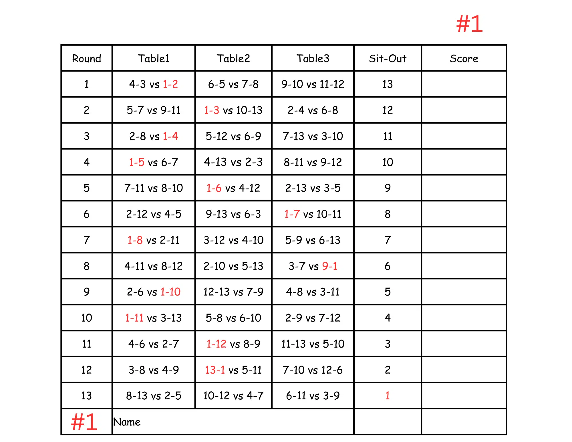 13 Person Euchre Tournament Rotation Tally Cards 13 Person Euchre Tournament Rotation Tally Cards