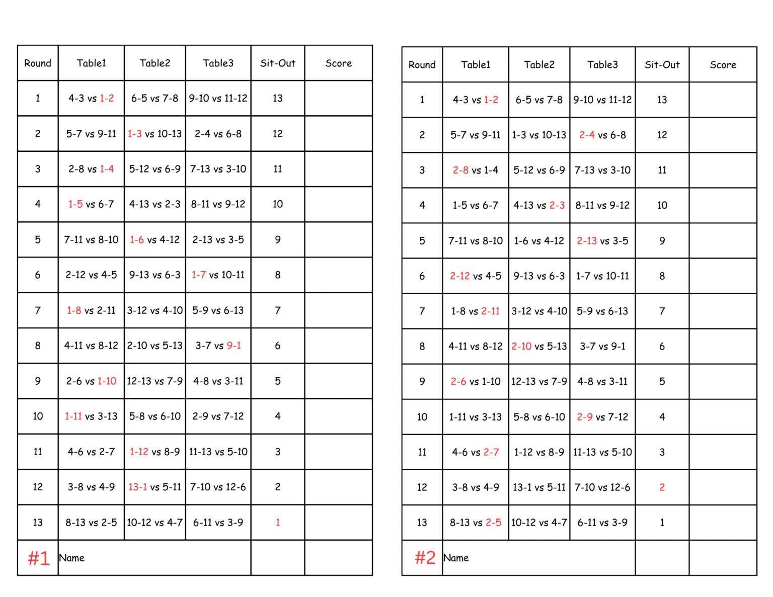 8 Person Euchre Tournament Rotation 2 Table Score Card