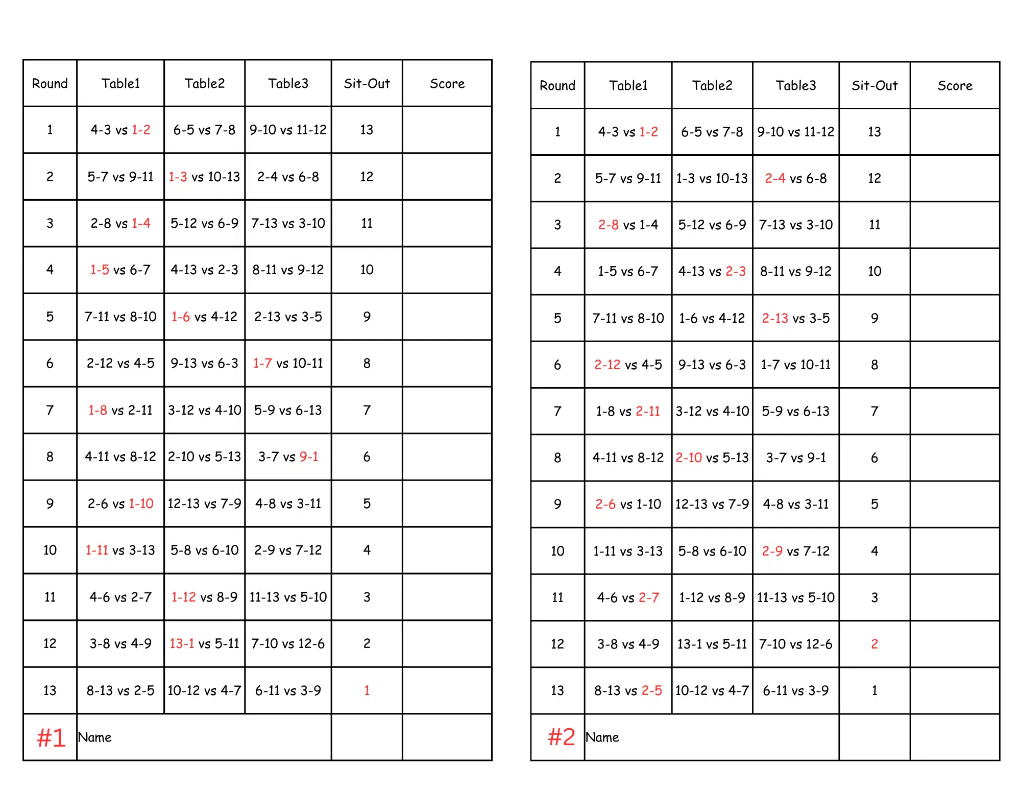 13 Person Euchre Tournament Rotation Tally Cards - Image 2