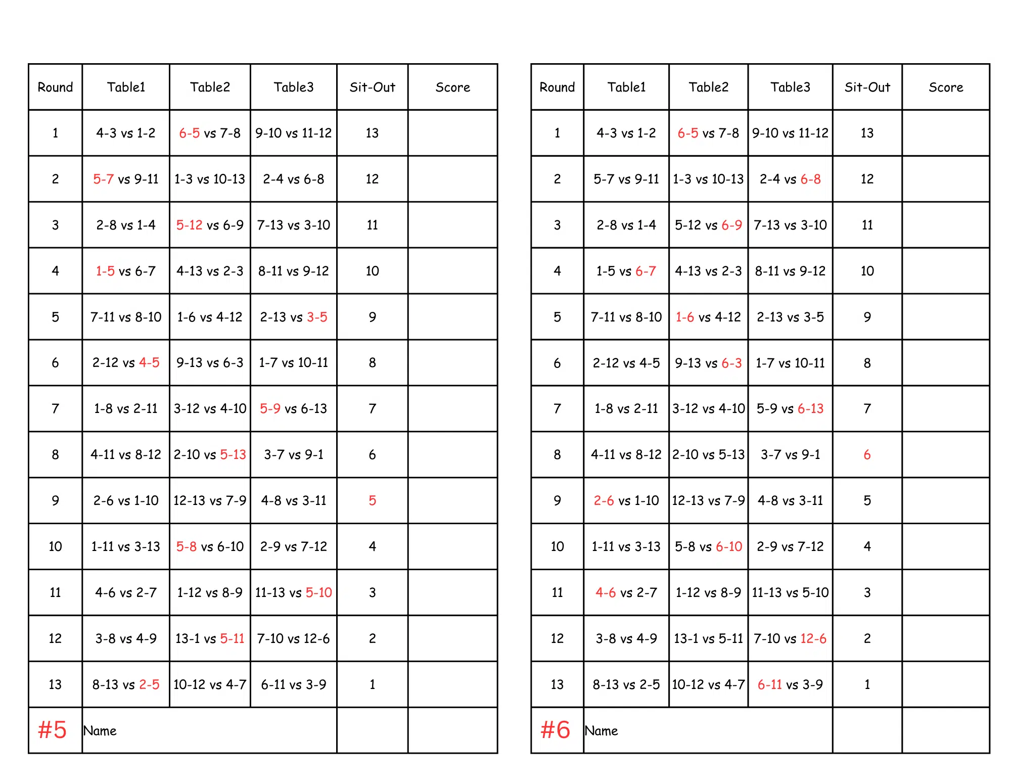 13 Person Euchre Tournament Rotation Tally Cards - Image 4