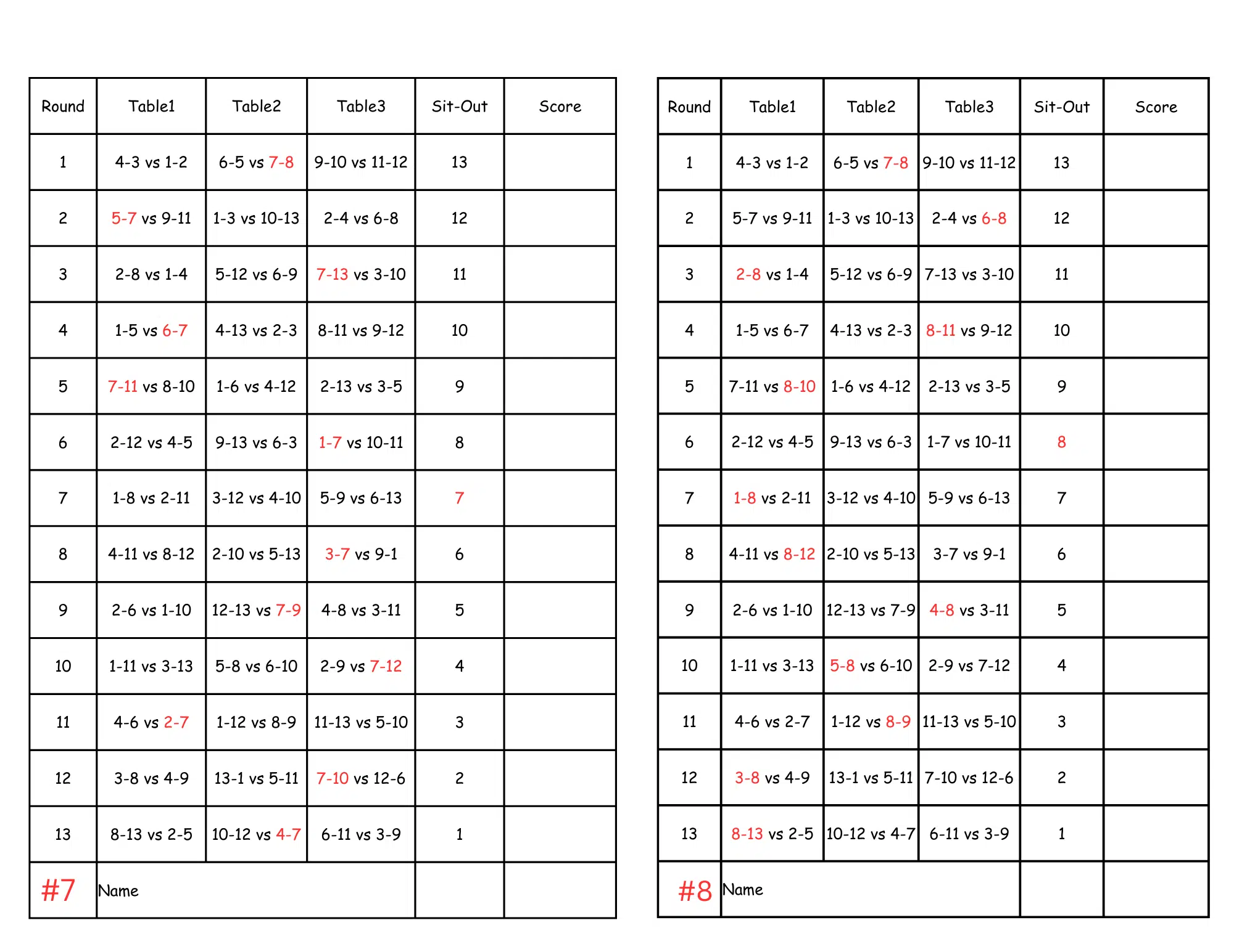 13 Person Euchre Tournament Rotation Tally Cards - Image 5
