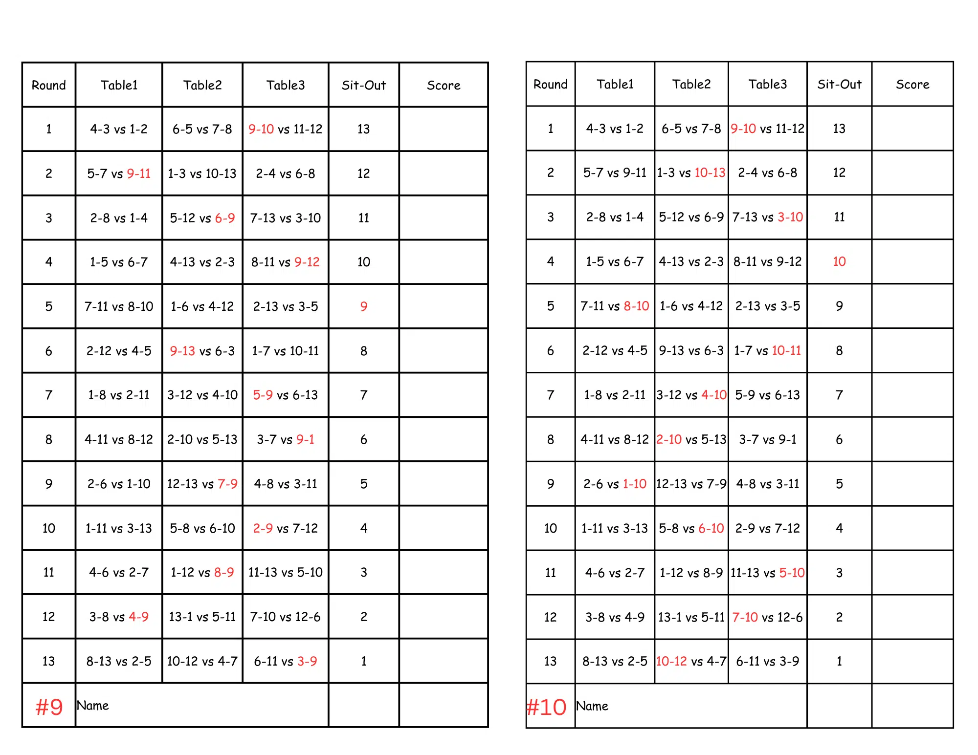 13 Person Euchre Tournament Rotation Tally Cards - Image 6