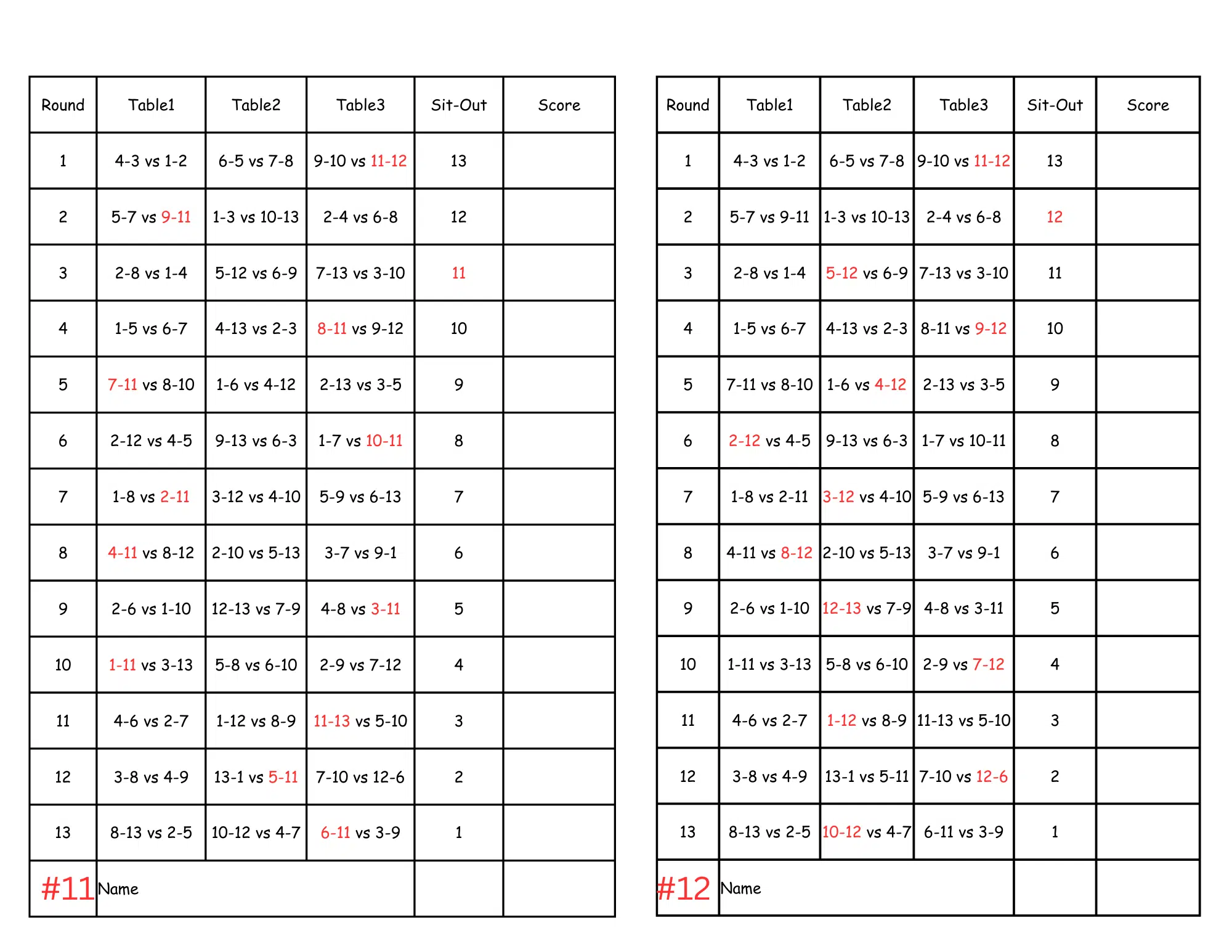 13 Person Euchre Tournament Rotation Tally Cards - Image 7