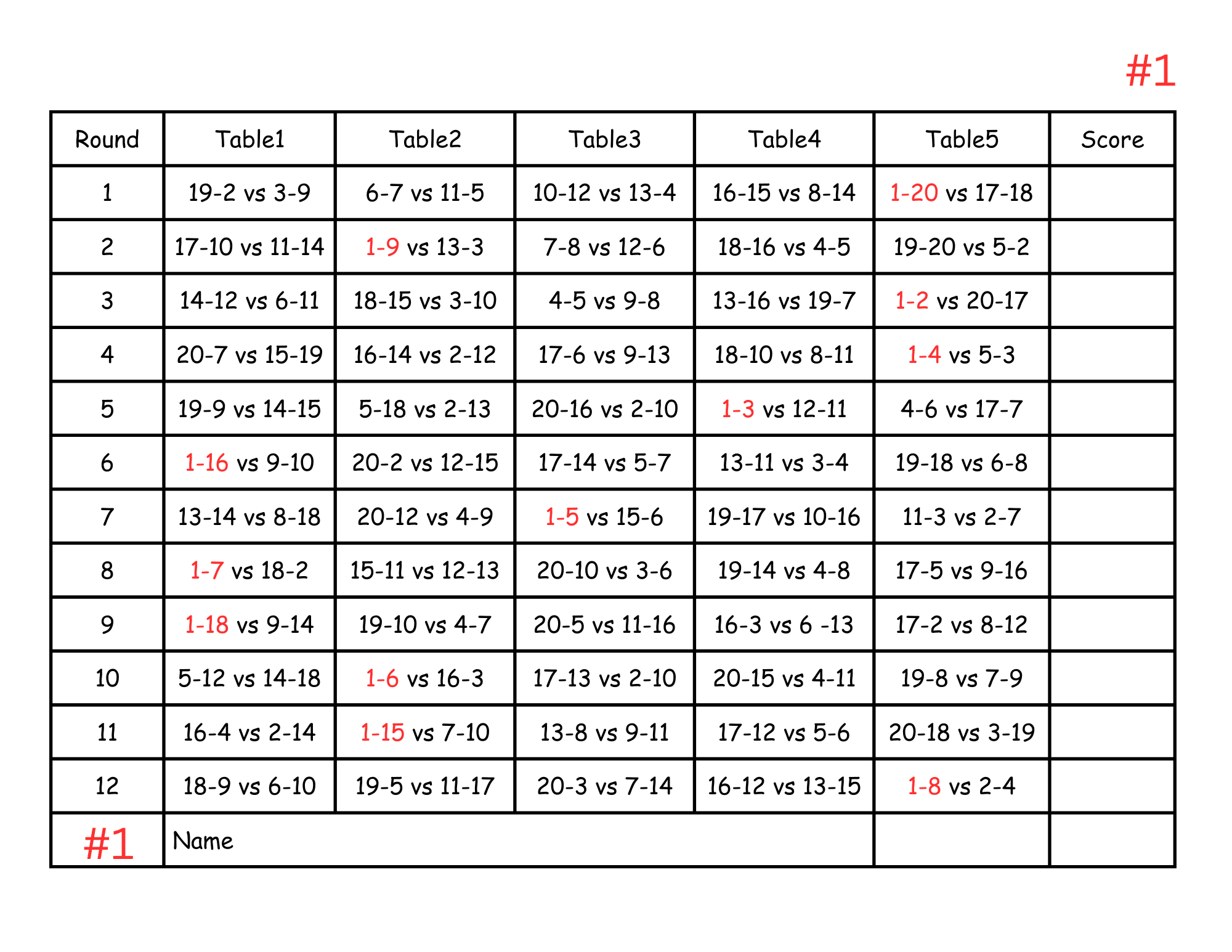 24 Person Euchre Tournament Rotation 6 Table Score Cards