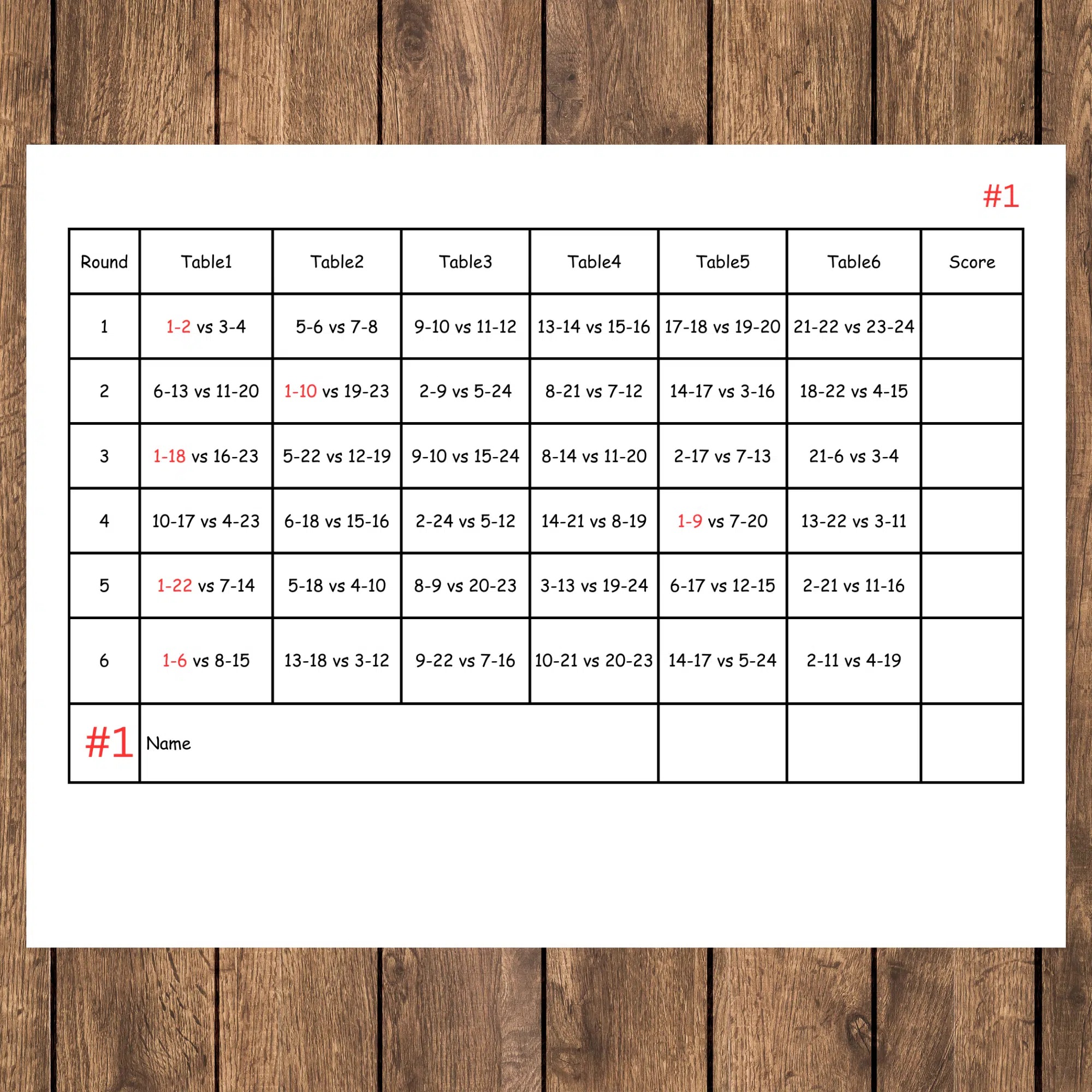 24 Person Euchre Tournament Rotation 6 Table Score Cards
