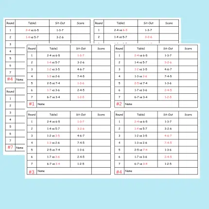 9 Person Euchre Tournament Rotation Tally Cards