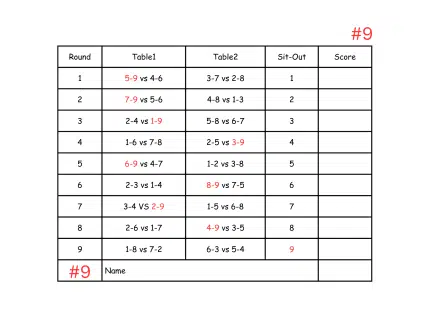 9 Person Euchre Tournament Rotation Tally Cards