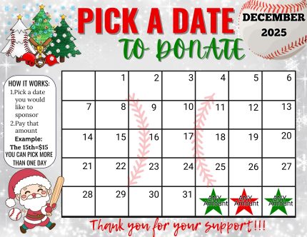 Baseball December Pick a Date to Donate Calendar Fundraiser