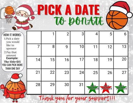 Basketball December Pick a Date to Donate Calendar Fundraiser