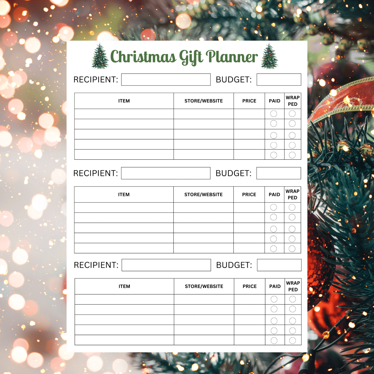 Christmas Gift Planner PDF Printable