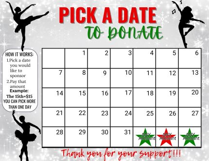Dance December pick a date to donate, pay the date, Dance Christmas fundraiser calendar, Dance Winter fundraiser calendar, Fundraiser
