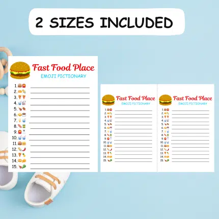 Fast Food Place Emoji Pictionary Baby Shower Party Game for Kids and Adults