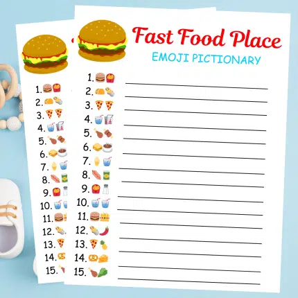 Fast Food Place Emoji Pictionary Baby Shower Party Game for Kids and Adults