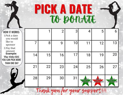 Gymnastics December Pick a Date to Donate Calendar Fundraiser