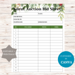 Silent auction bid sheet christmas