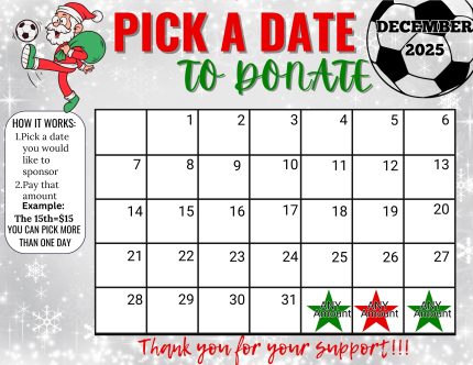 Soccer December Pick a Date to Donate Calendar Fundraiser