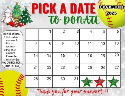 Softball December Pick a Date to Donate Calendar Fundraiser