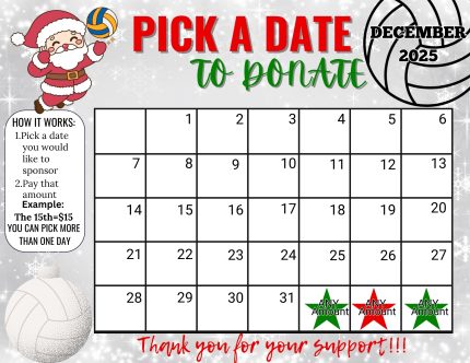 Volleyball December Pick a Date to Donate Calendar Fundraiser