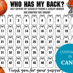 BASKETBALL fundraiser, fundraiser calendar, who has my back, pick a date, black out board, pick a date, color fundraiser, pay the day