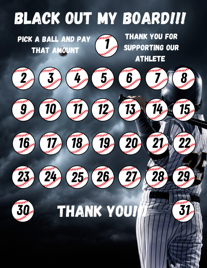 Baseball pick a date to donate, Baseball Fundraiser, pay the date, black out my board, baseball calendar fundraiser, team fundraiser