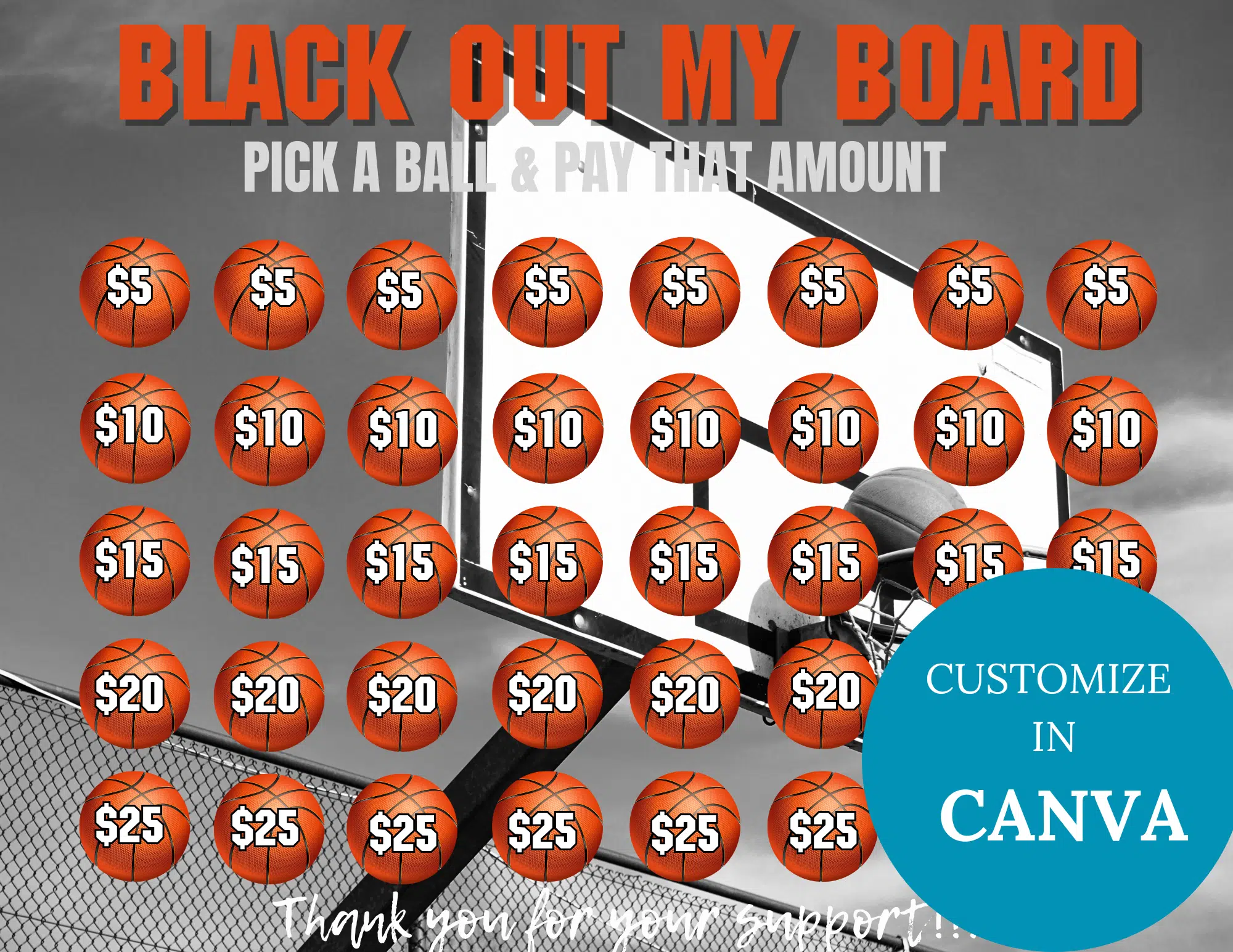 Basketball Black Out My Board Fundraiser 45 Days