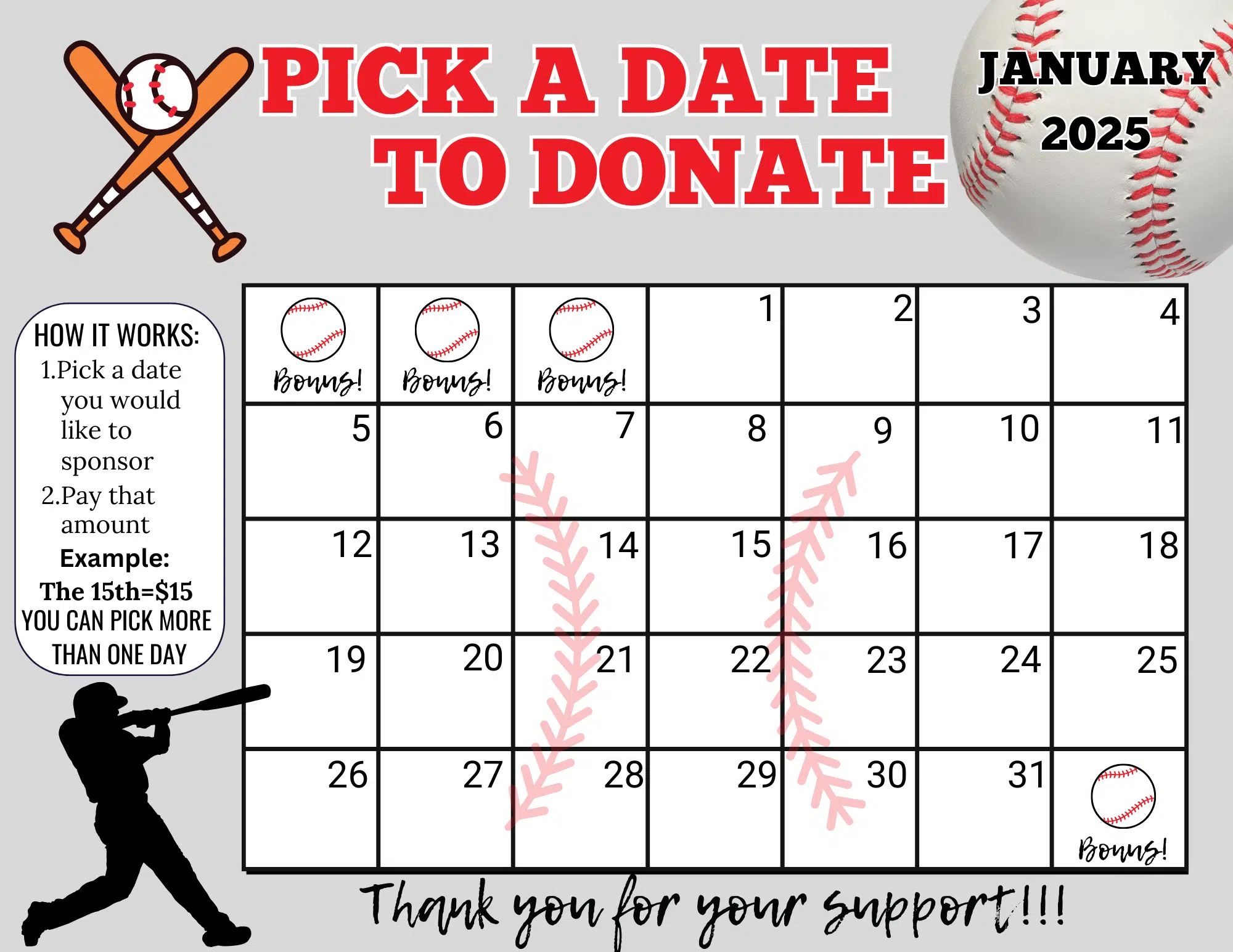 baseball January Pick a Date To Donate Fundraiser