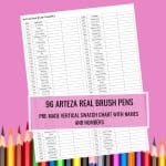 Arteza 96 Brush Pens Swatch Chart