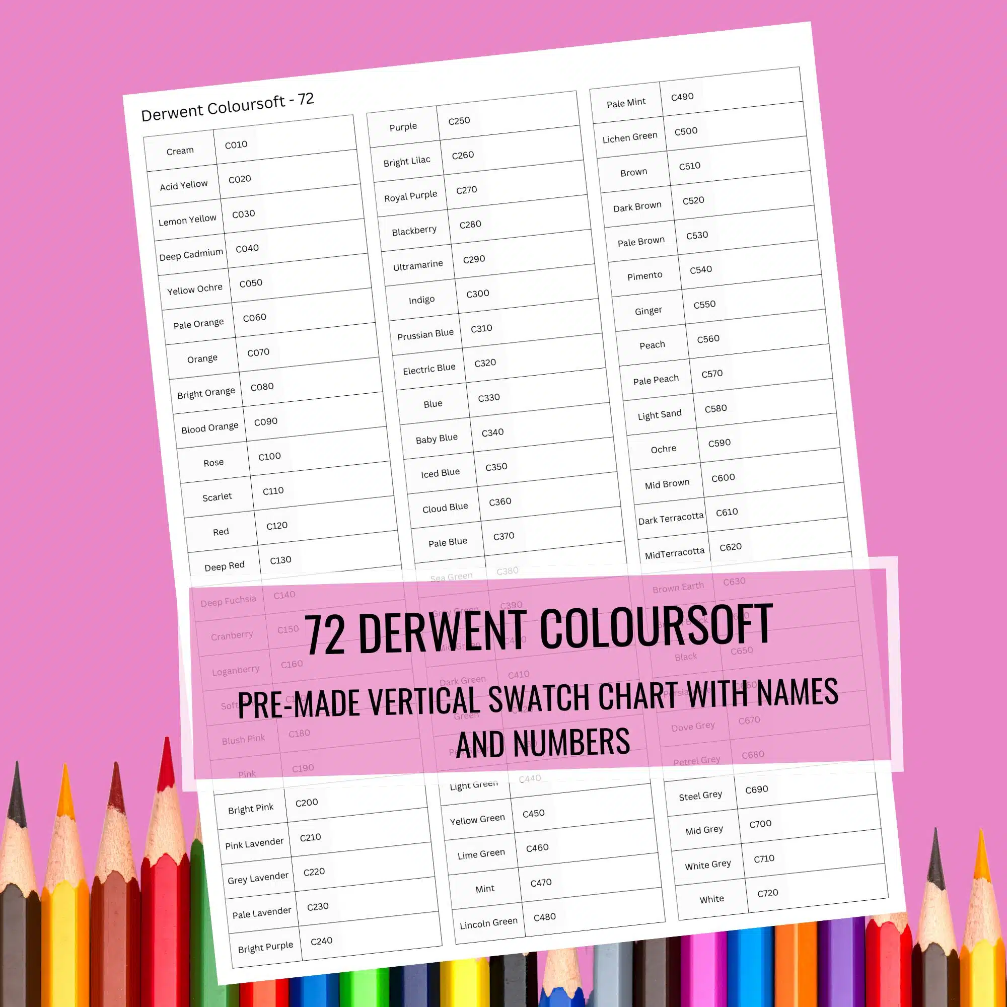 Derwent Coloursoft Colored Pencils 72 Swatch Chart