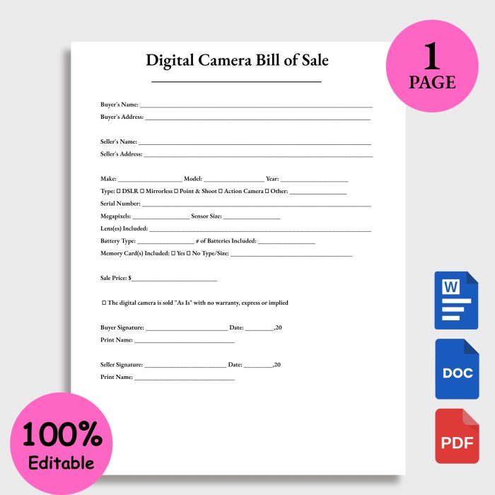 Digital Camera Bill of Sale