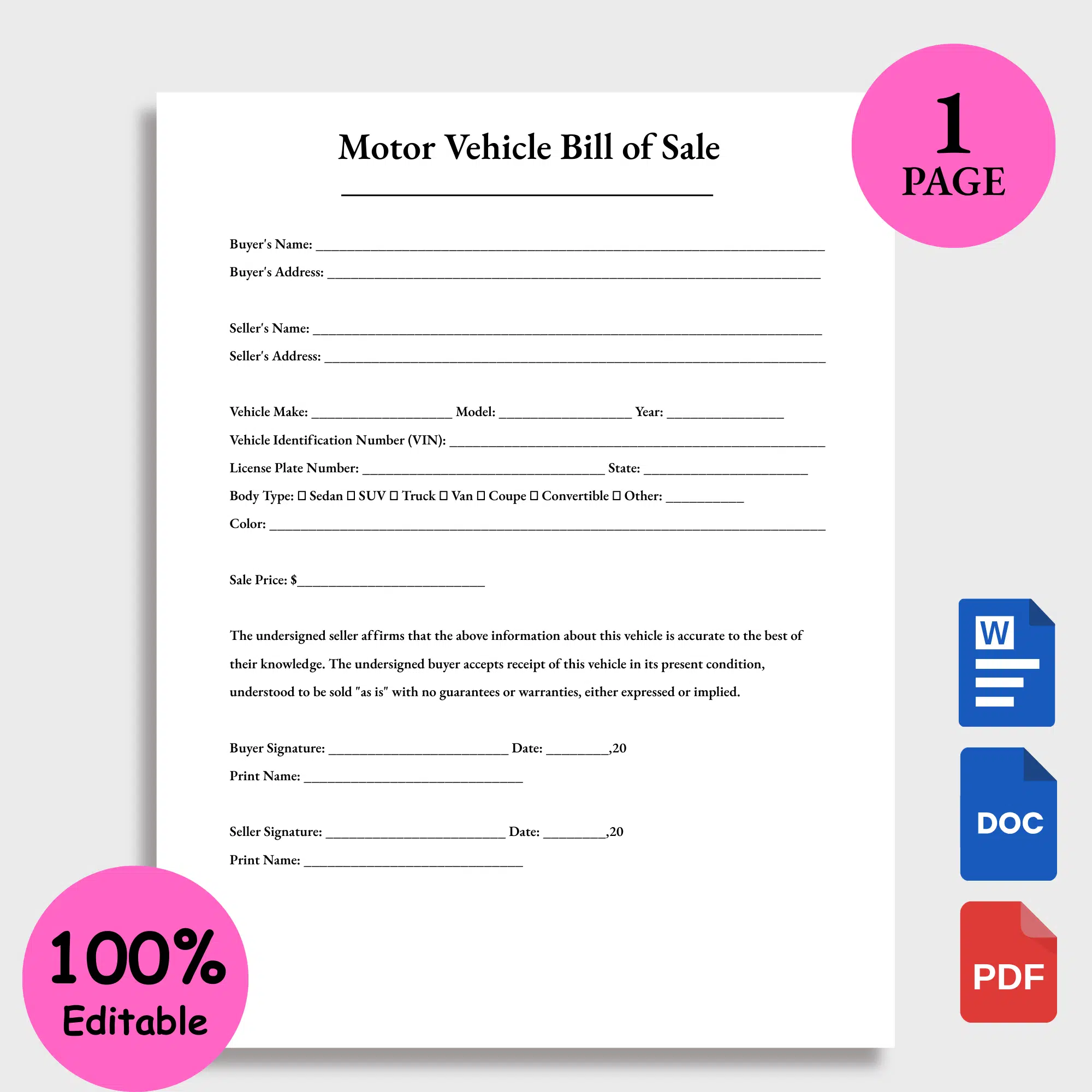 Motor Vehicle Bill of Sale Motor Vehicle Bill of Sale