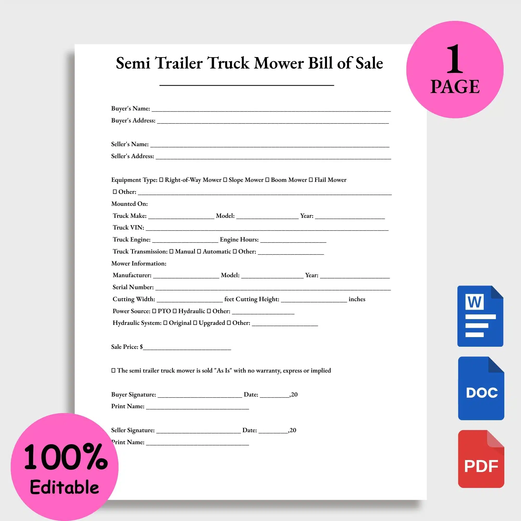 Semi Trailer Truck Mower Bill of Sale