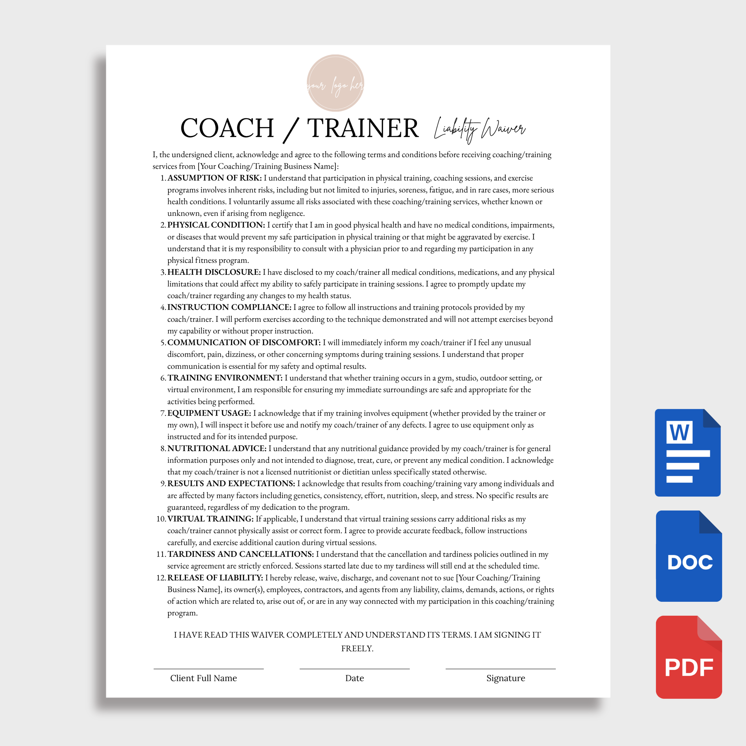 Coach Trainer Liability Waiver Coach Trainer Liability Waiver