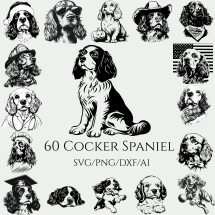 60 Cocker Spaniel Clipart black and white SVG PNG Bundle Cocker Spaniel Vector Art for Cricut Silhouette