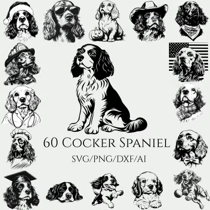 60 Cocker Spaniel Clipart black and white SVG PNG Bundle Cocker Spaniel Vector Art for Cricut Silhouette
