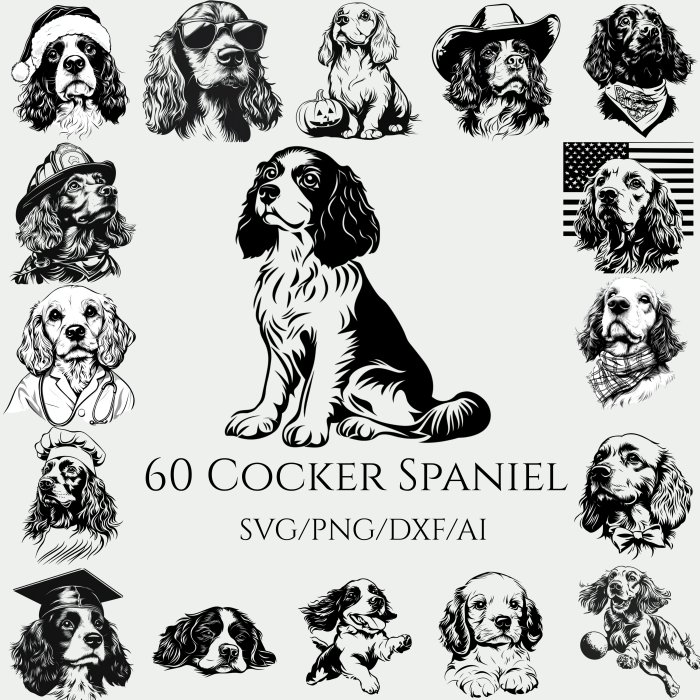 60 Cocker Spaniel Clipart black and white SVG PNG Bundle Cocker Spaniel Vector Art for Cricut Silhouette