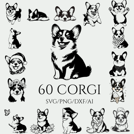 60 Corgi Clipart black and white SVG PNG Bundle Corgi Vector Art for Cricut Silhouette