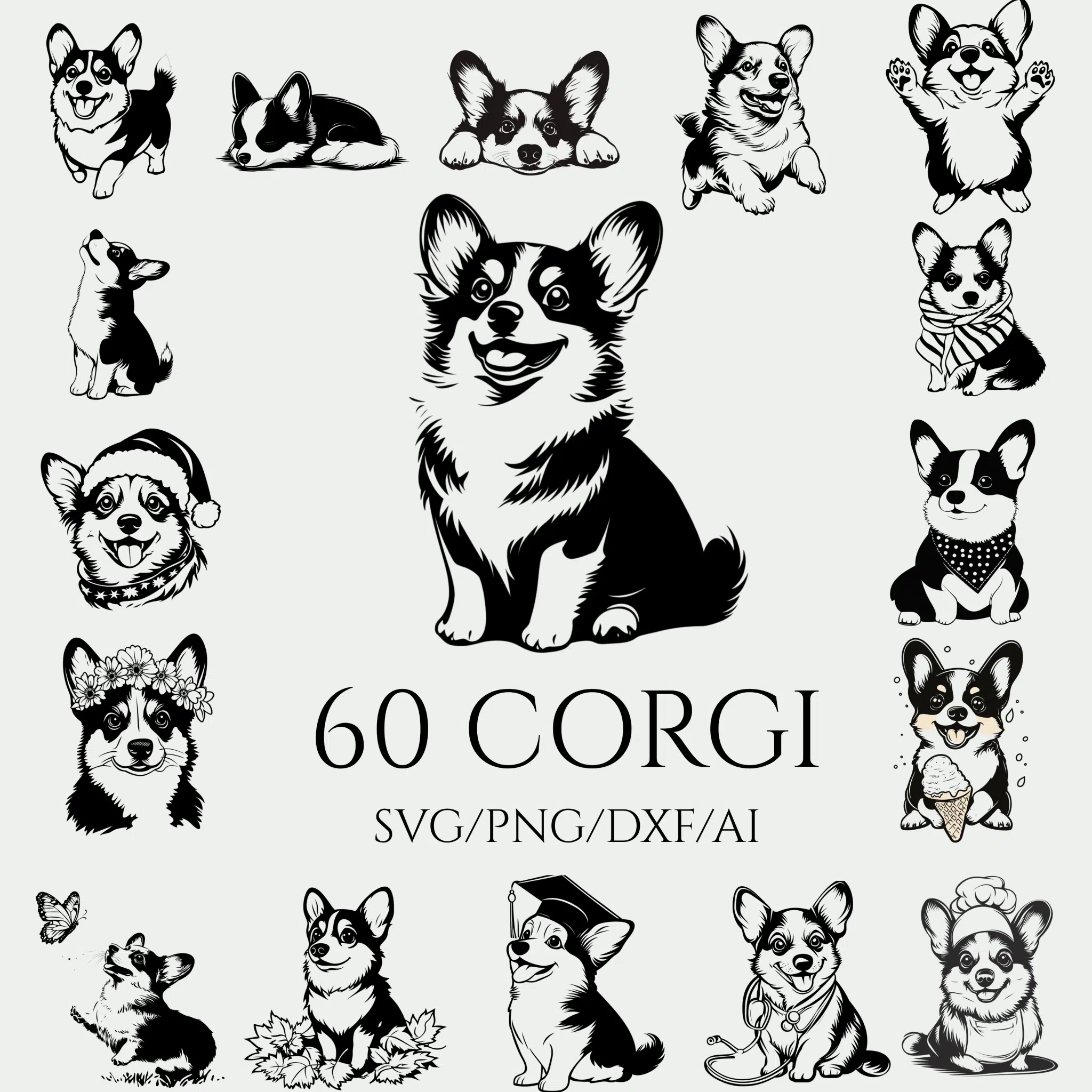 60 Corgi Clipart black and white SVG PNG Bundle Corgi Vector Art for Cricut Silhouette