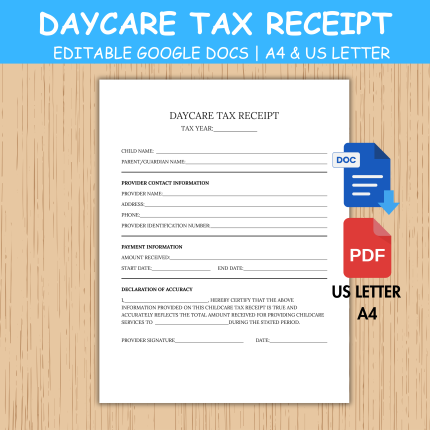 Childcare Receipts | Childcare Tax Receipts | Childcare Tax Statement | Daycare Receipt | Daycare Tax Receipt | Basic Tax Childcare Tax Form