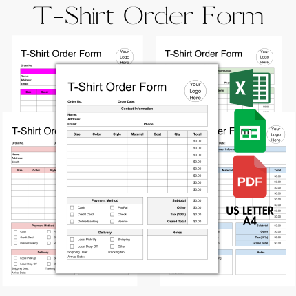 EDITABLE Google Sheet & Excel PDF Printable T-Shirt Order Form