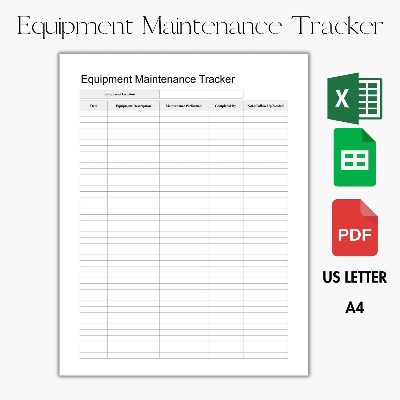 EDITABLE Google Sheet & Excel PDF Printable Equipment Maintenance Tracker