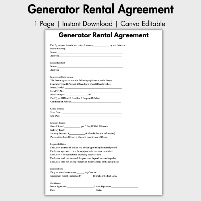 Generator Rental Agreement