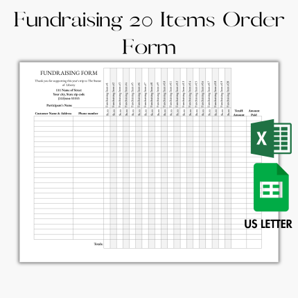 Google sheet & Excel Editable Class or Event 20 Items Fundraiser Order Form