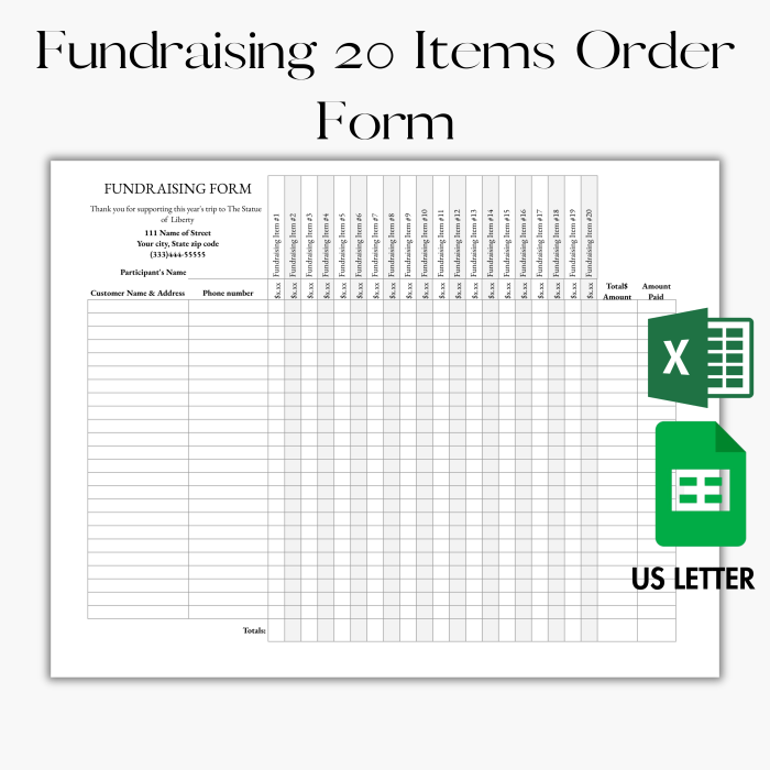 Google sheet & Excel Editable Class or Event 20 Items Fundraiser Order Form